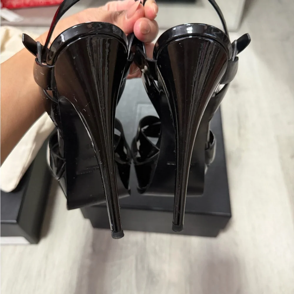 Saint Laurent Black Patent Leather Platform Sandals with Gold Logos